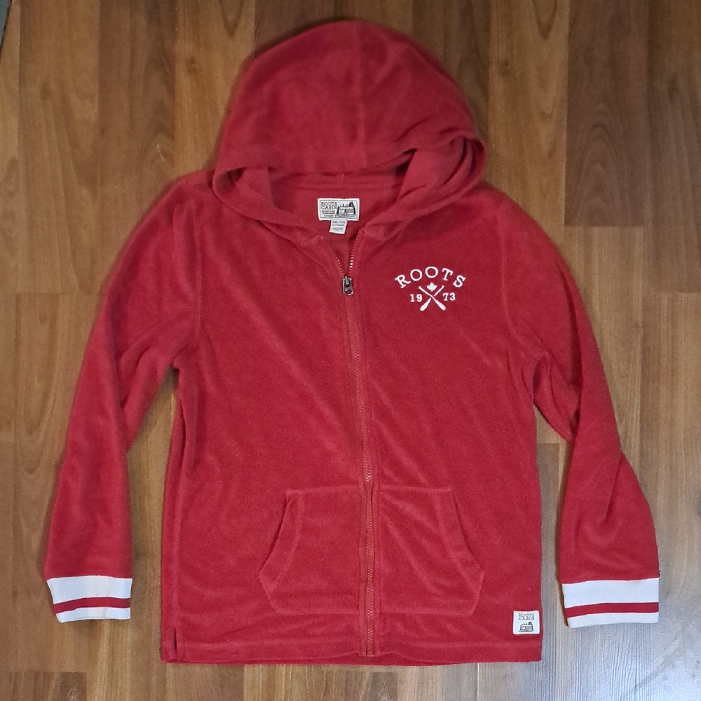 Vintage Y2k Style Roots Terry Cloth Feel Kids Red Full-Zip Hoodie